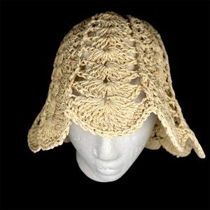 Boho Crochet Straw Bucket Hat Tulip Scalloped Coastal Festival One Size